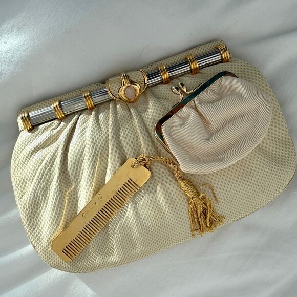 Judith Leiber Handbags - Judith Leiber Vintage Lizard Leather Clutch Gold Frame Evening Quiet Luxury Rare